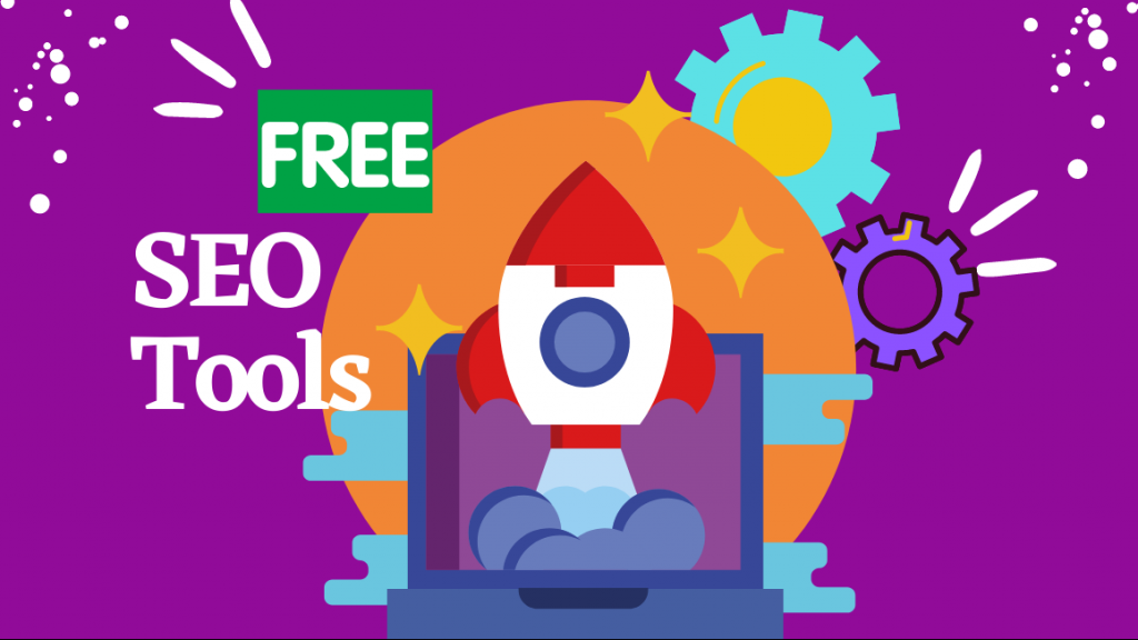 An exciting illustration that shows a rocket on a purple background with a text at the side that says Free SEO Tools