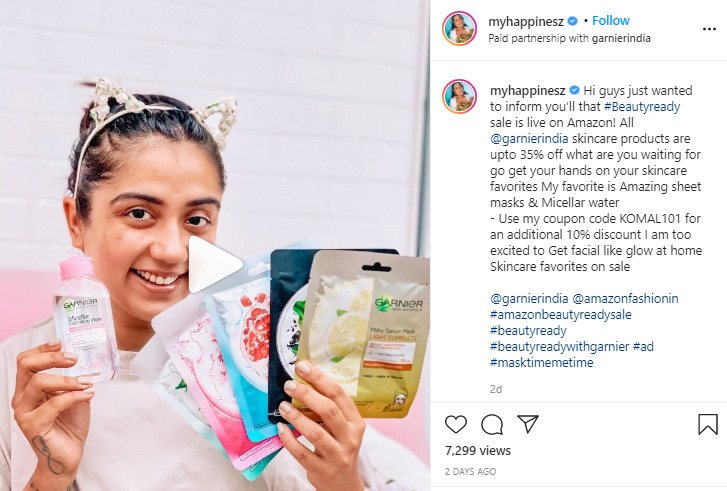 The image shows an influencer on her social media platform promoting Garnier