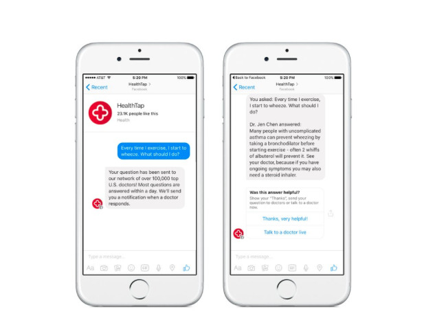 The image shows a conversation between a customer and HealthTap’s automated chatBot