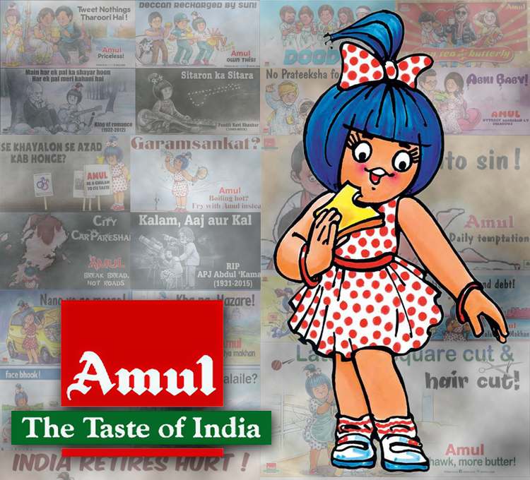 This image shows the popular butter girl from the Amul marketing campaign beside the brand logo