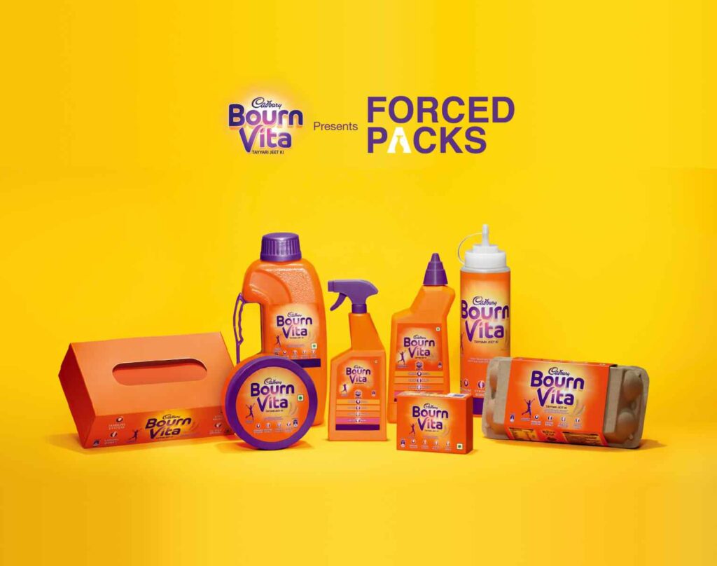 This image shows different bottle packaging with Bournita branding on a yellow background