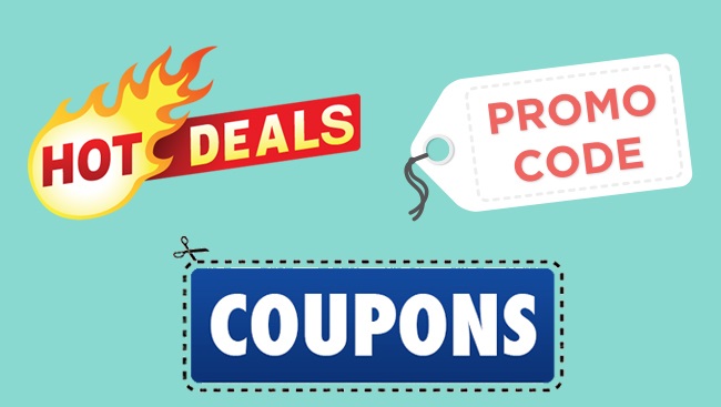 This image shows promo codes, coupons, and hot deals written on a blue background