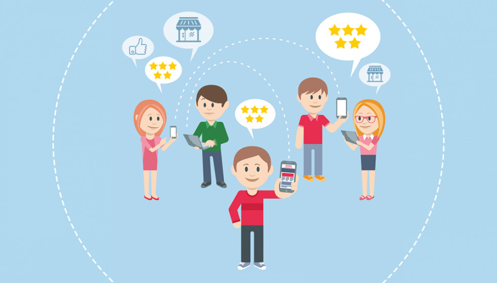 This picture shows different people telling about a brand and referring them to others