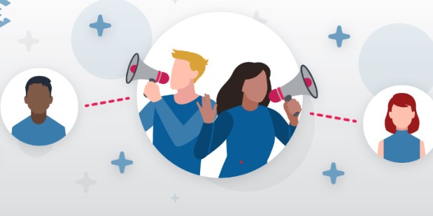 A picture showing offline marketing activities via a few characters in blue outfits with the speaker in their hand.