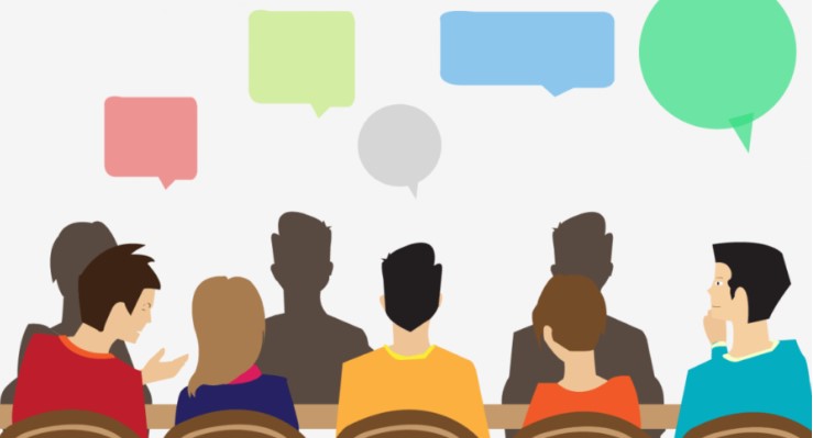 A picture showing offline marketing activities via a group of people sharing thoughts