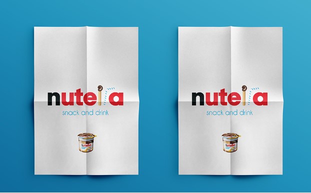 Two white printed posters of a brand on a blue background
