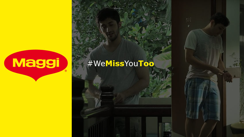 This image shows the #WeMissYouToo ad campaign of Maggie with two boys standing and the logo of Maggi on a yellow background