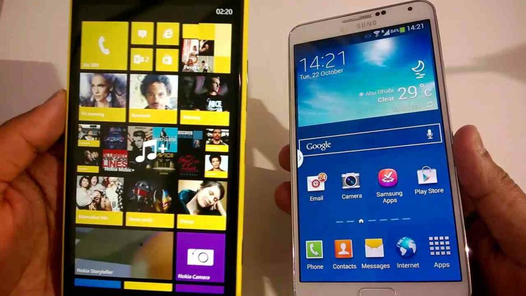 This image depicts Nokia using windows and Samsung using the latest android OS as part of marketing trends