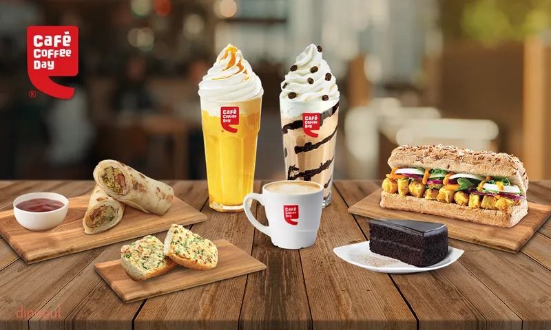 This image shows several food and beverage options offered by Cafe Coffee Day