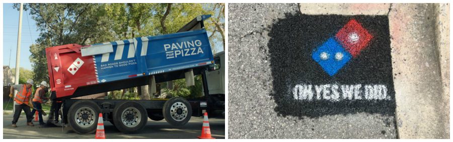 This image shows a truck helping in paving potholes and Domino’s logo on the covered potholes 