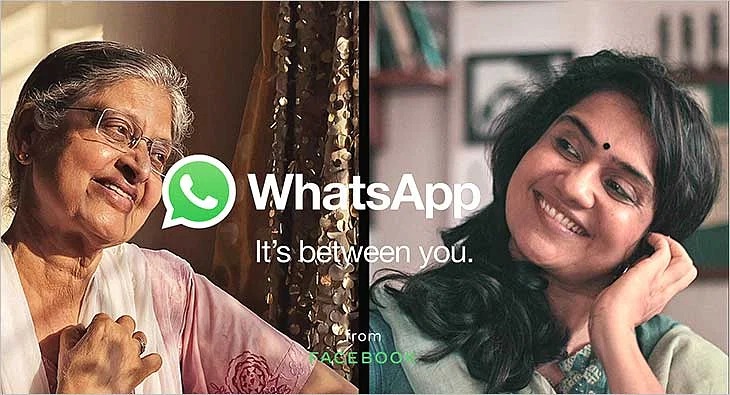 This image shows two ladies smiling in the advertising campaign by WhatsApp