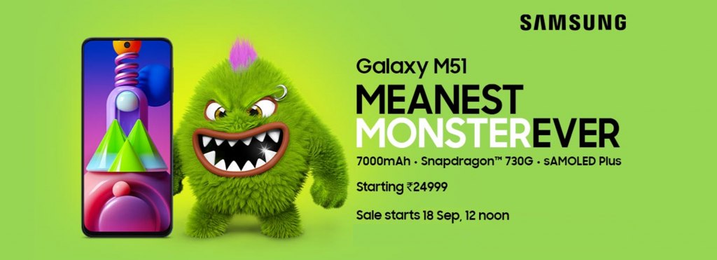 This image shows a green monster with a Samsung M51 phone as a part of the Meanest Monster Ever Campaign