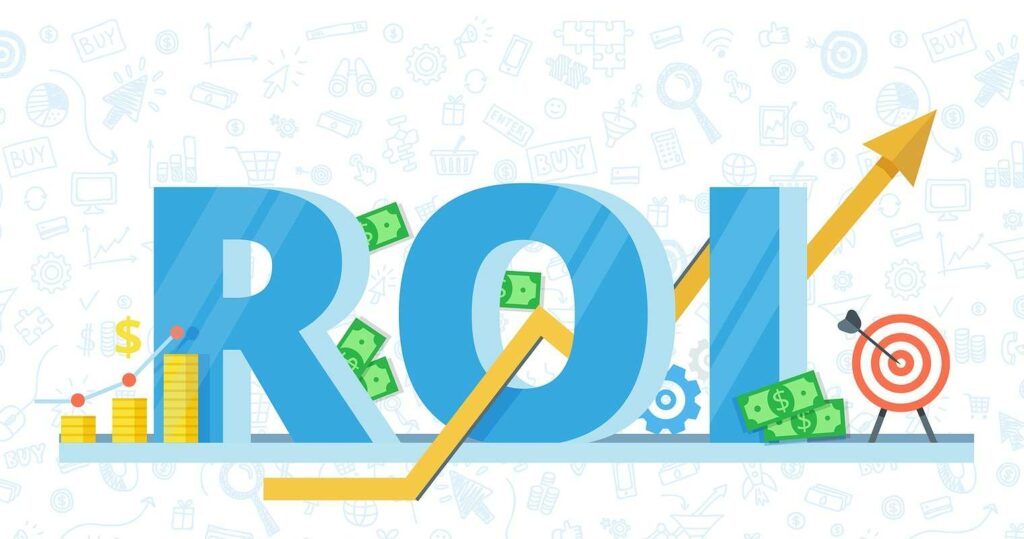 This image shows “ROI” written on a white background with several icons