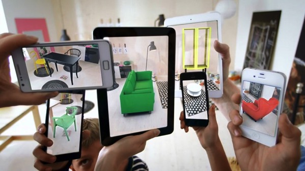 This image shows a person looking at furniture through an AR app on different sides of a room