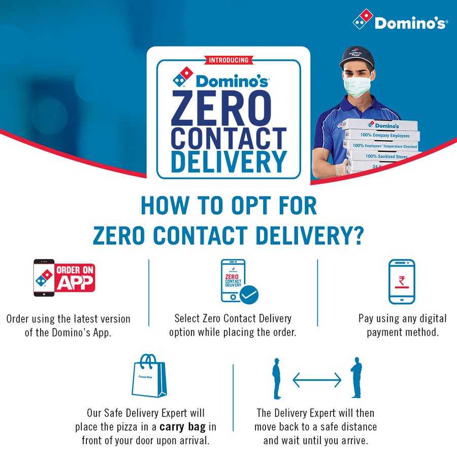 This image shows the steps to enable zero contact delivery using Domino’s app