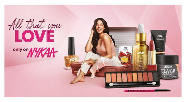 The picture shows marketing campaign of Nykaa via an actress posing for the poster promoting Nykaa products