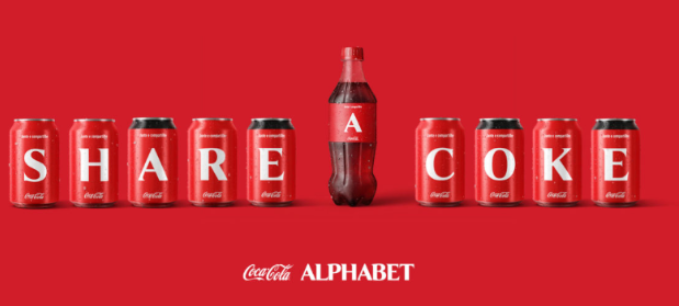 A picture showing offline marketing via Alphabetical Coke cans and bottles in red colour