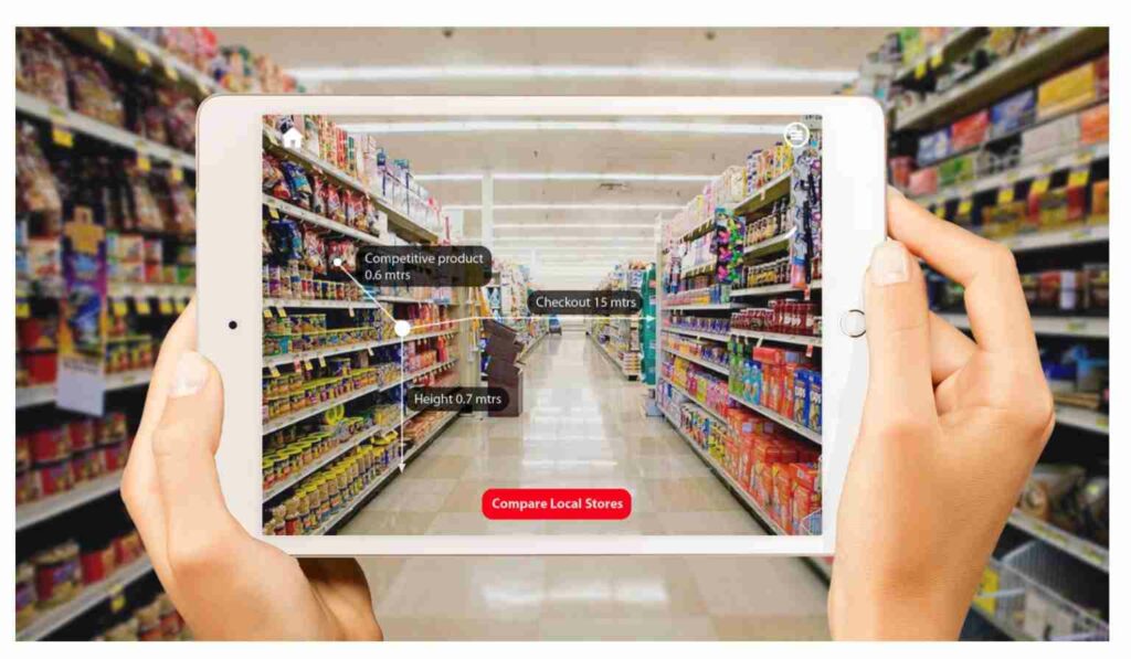 This image shows the benefits of using augmented reality in offline advertising of retail store