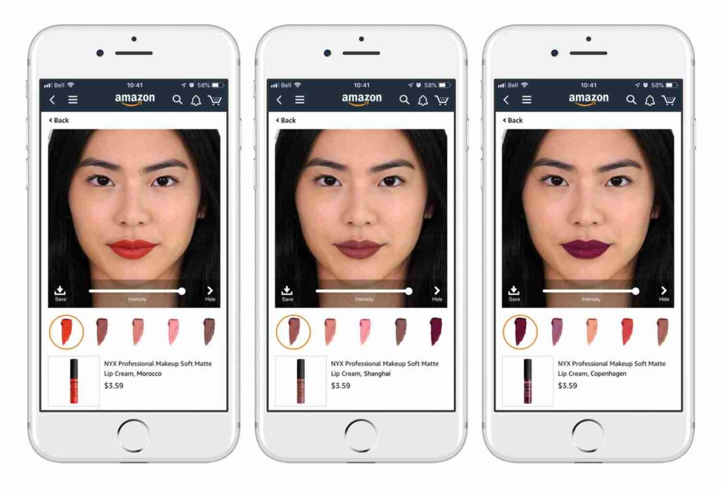 This image shows a woman trying different shades of lipstick on the Amazon app