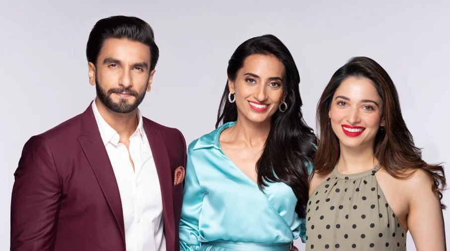 Image of Ranveer Singh, Vineeta Singh, and Tamannah Bhatia advertising for Sugar Cosmetics