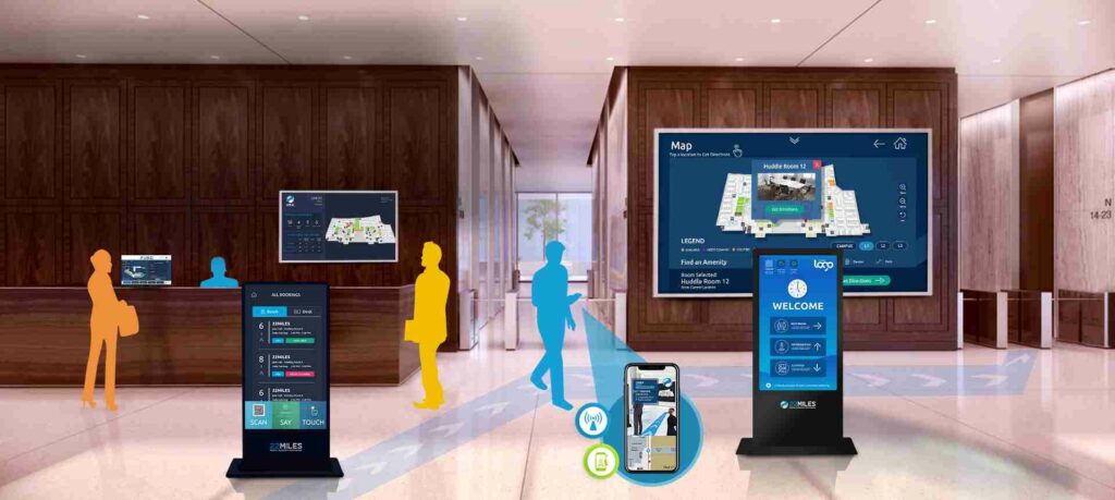 This image shows fusing AR with digital signage in a reception area with people around
