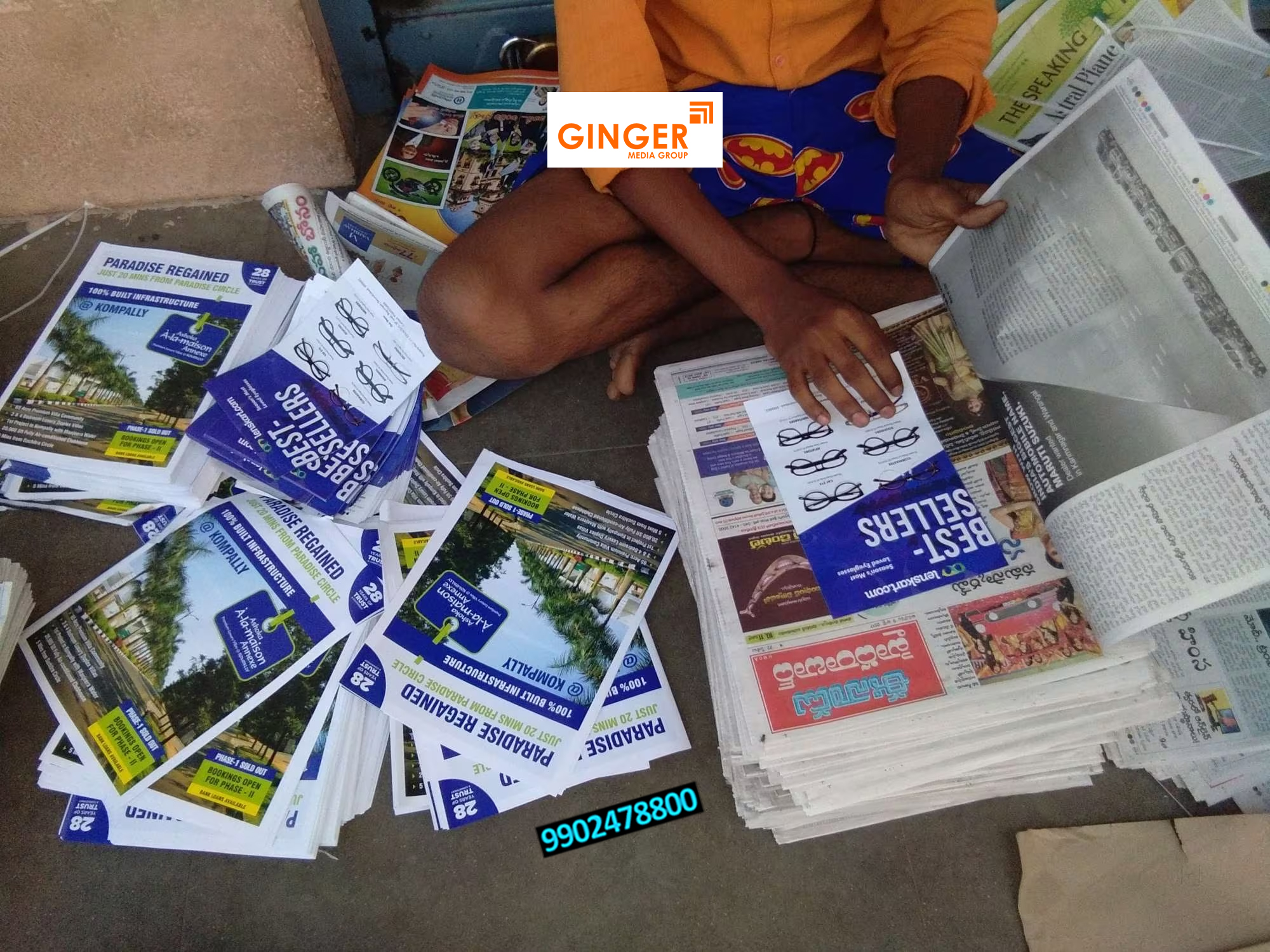 Newspaper insertion Advertising with blue Pamphlets