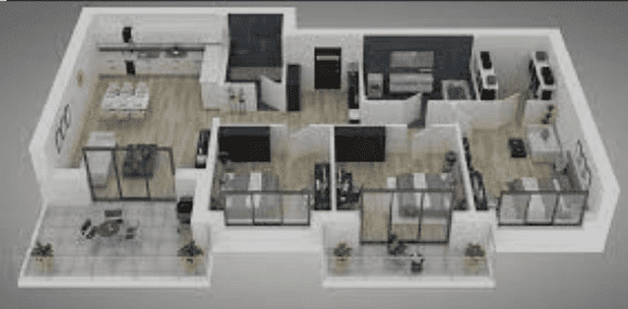 This image depicts a 3D representation of a property