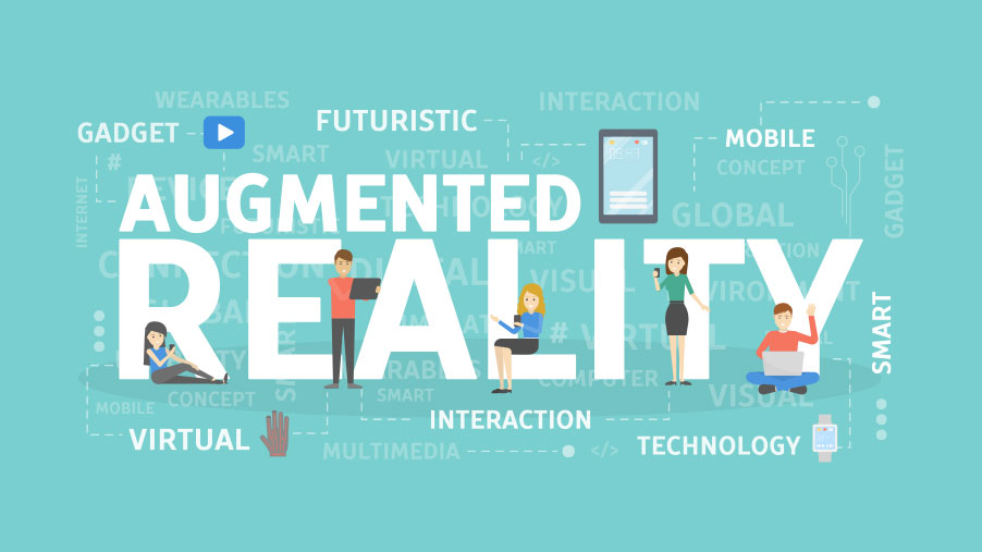 Augumented reality written on blue background with people working
