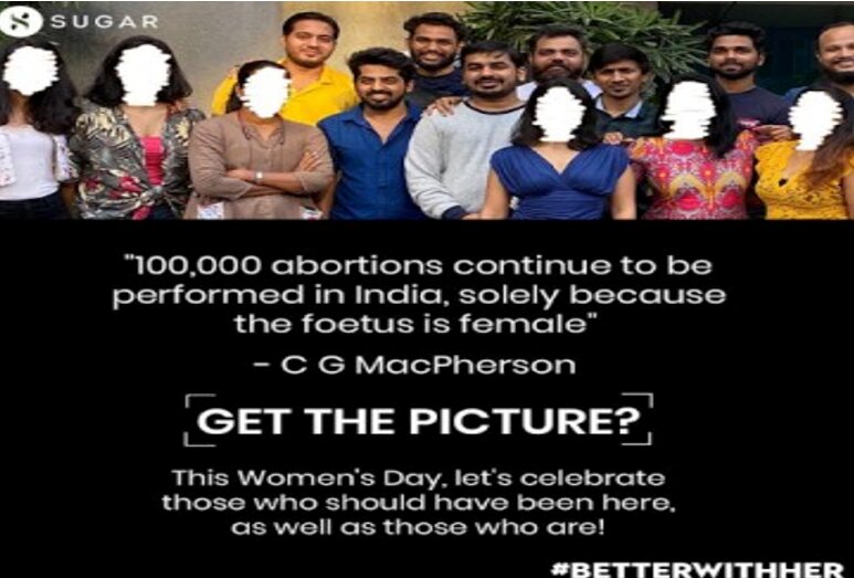 An image showing a group picture where the faces of women are scribbled