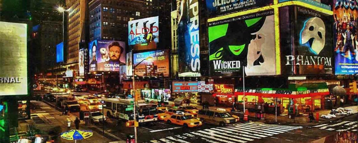 Street filled with outdoor ads.