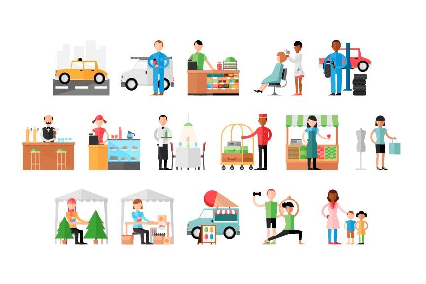 Icons of different types of businesses that can benefit from transit media ads.