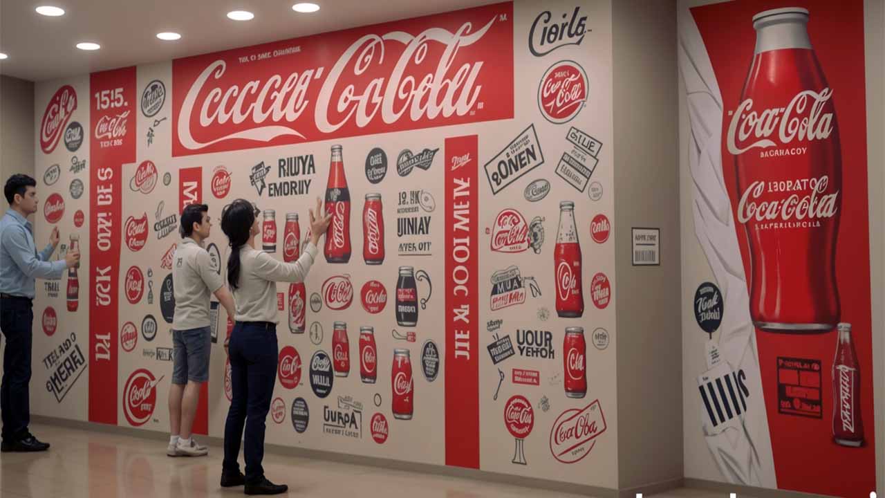 A rock climbing game with a soft drink advertisement pasted on the wall