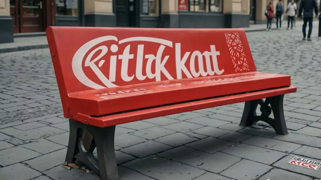 A street bench painted to look like a chocolate bar