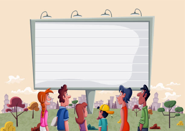 A group of curious people looking at the adverts.