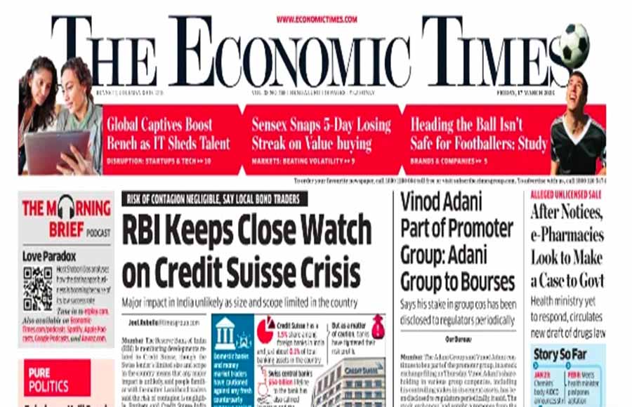 Front page of Economic Times (Delhi) newspaper