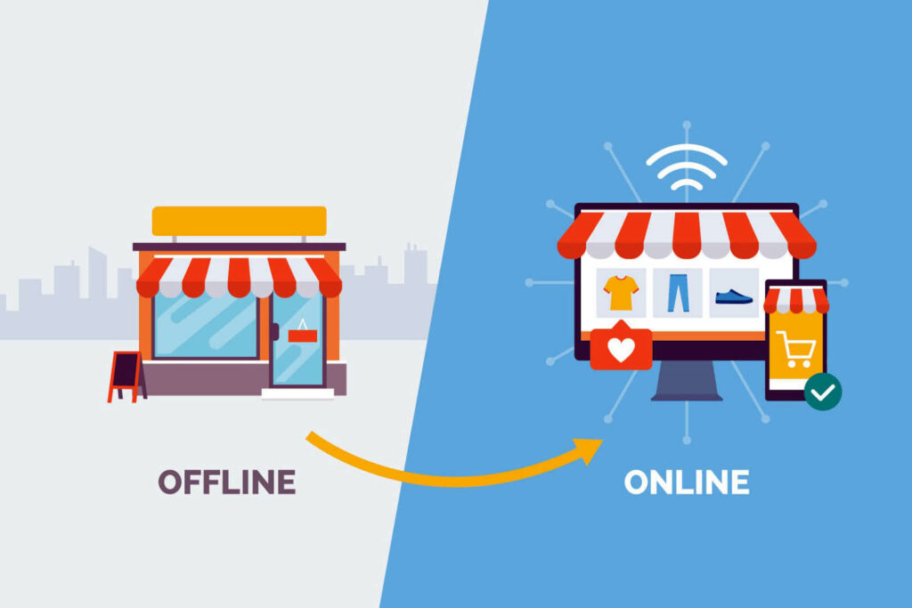 An image representing an arrow from an offline store to a website.
