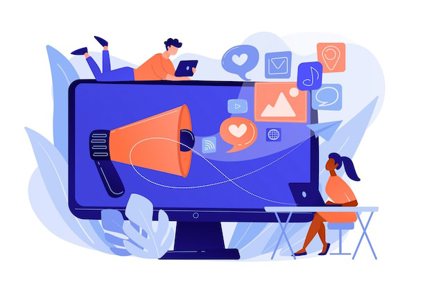 A big monitor featuring a loudspeaker and various icons, while two people browsing on their devices.