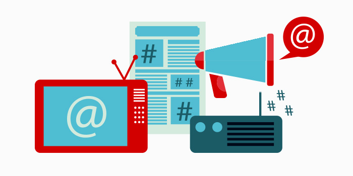 A picture featuring different forms of offline marketing like radio, newspapers etc.