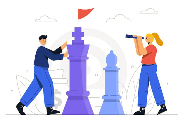 Two people playing with chess pieces and the girl using binoculars.