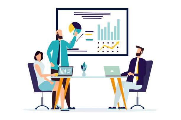 A group of people reviewing the graphs related to transit media advertising.