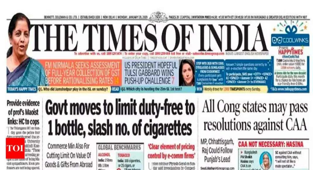 Front page of Times of India newspaper
