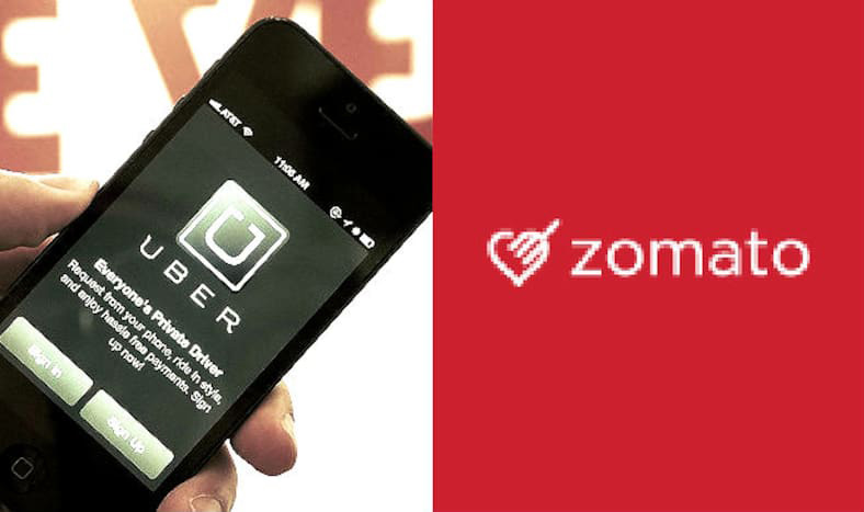 Zomato logo and a person booking an uber cab.