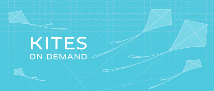 Kites flying in the sky with the tagline “Kites on demand”.