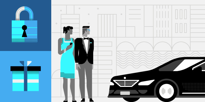 A couple standing in front of a cab, with icons of lock and gift displayed on the side.