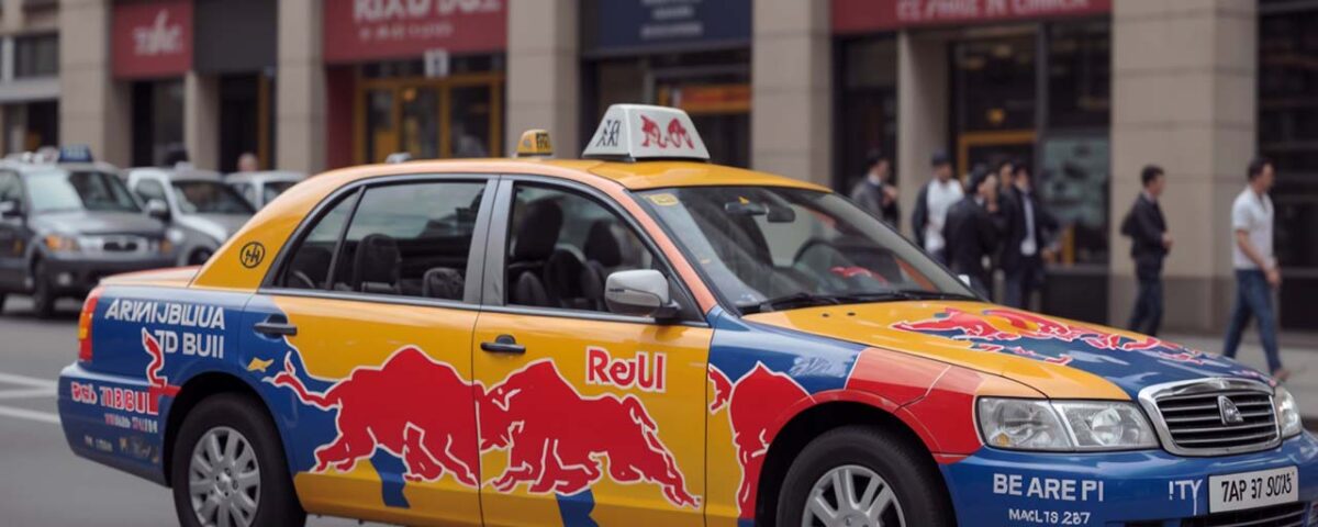 A taxi with an advertisement painted onto it