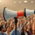 A man speaking to the audience using a loudspeaker.