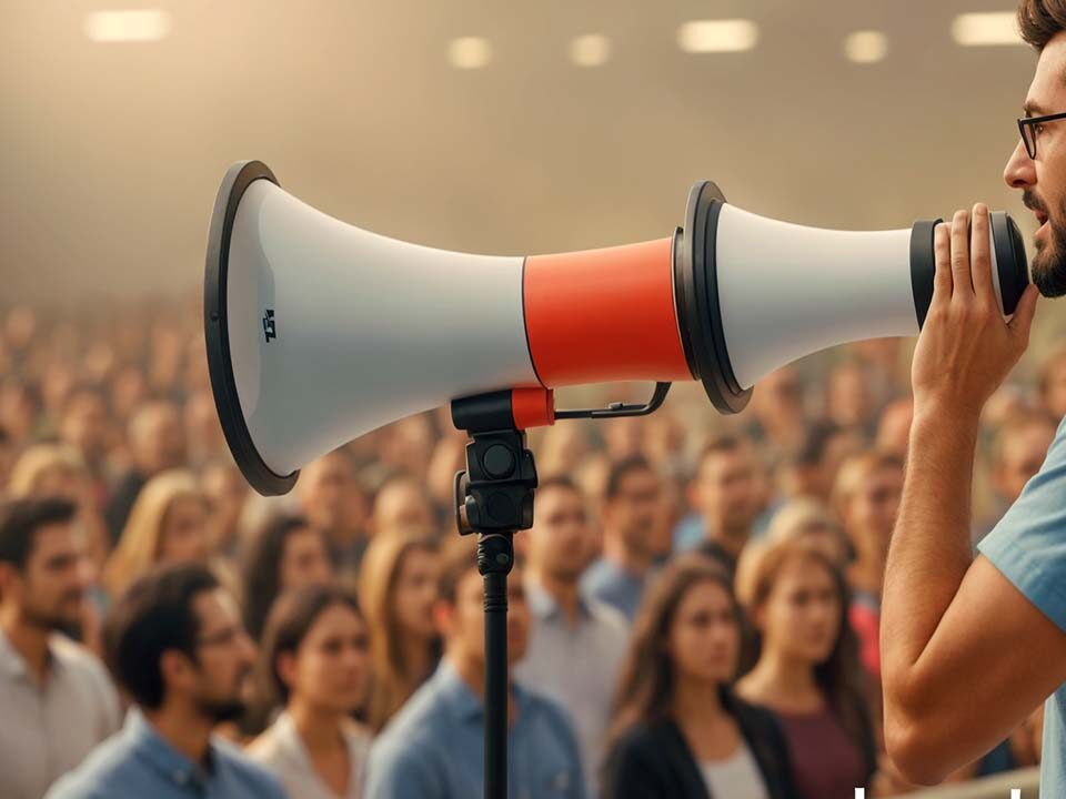 A man speaking to the audience using a loudspeaker.