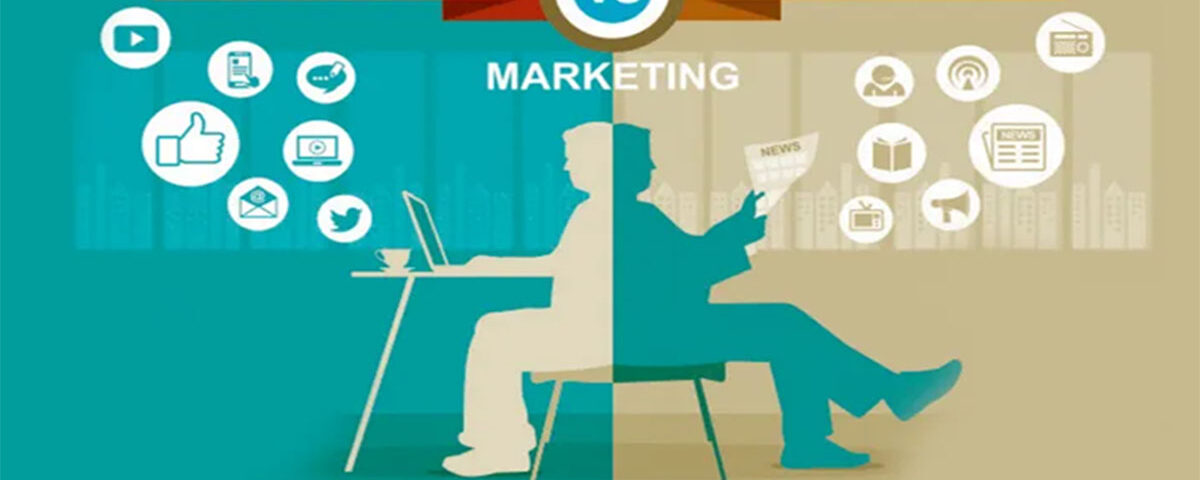 Two people sitting and accessing online and offline marketing mediums i.e. newspaper and internet.