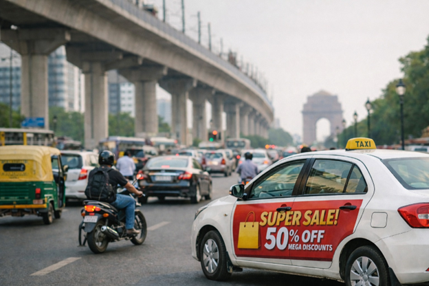 Cab advertising campaign running in central Delhi near India Gate
